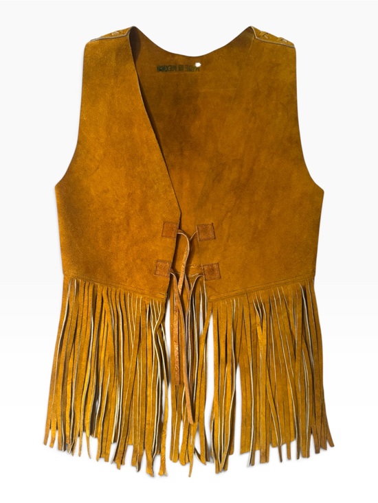 Vintage Jackets & Blazers - Vintage Genuine Suede Western Fringe Vest Tan Brown Boho Festival Hippie XS/S